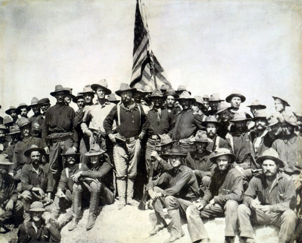 Colonel Theodore Roosevelt with Rough Riders, Spanish-American War.